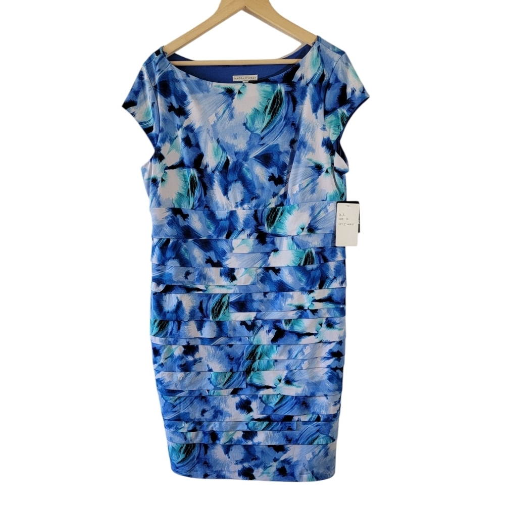 NEW SANDRA DARREN Blue Watercolor Pleated Shift Dress Sz 18 Stretchy Minimalist